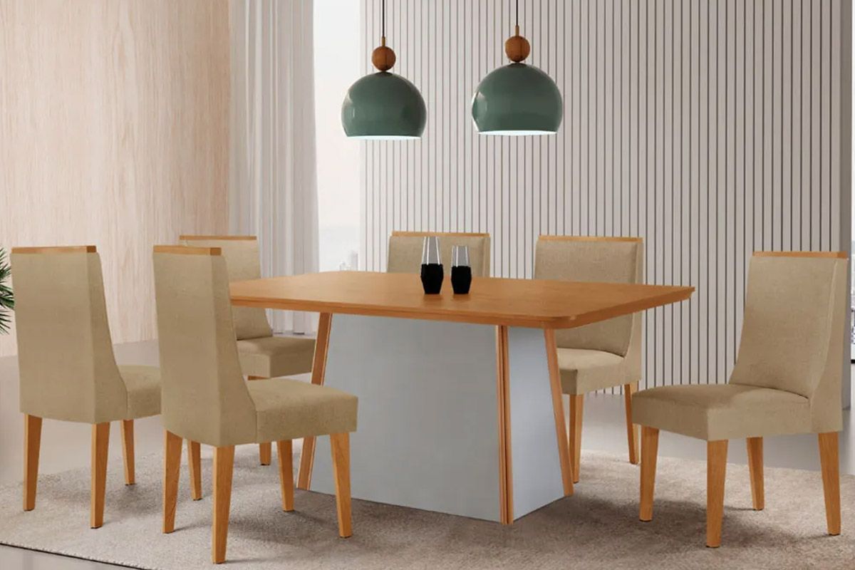 Sala de Jantar Completa Tilia c/ Tampo Madeirado Canto Curvo 180x90cm e 6 Cadeiras Dakota Madeira Maciça - Rufato
