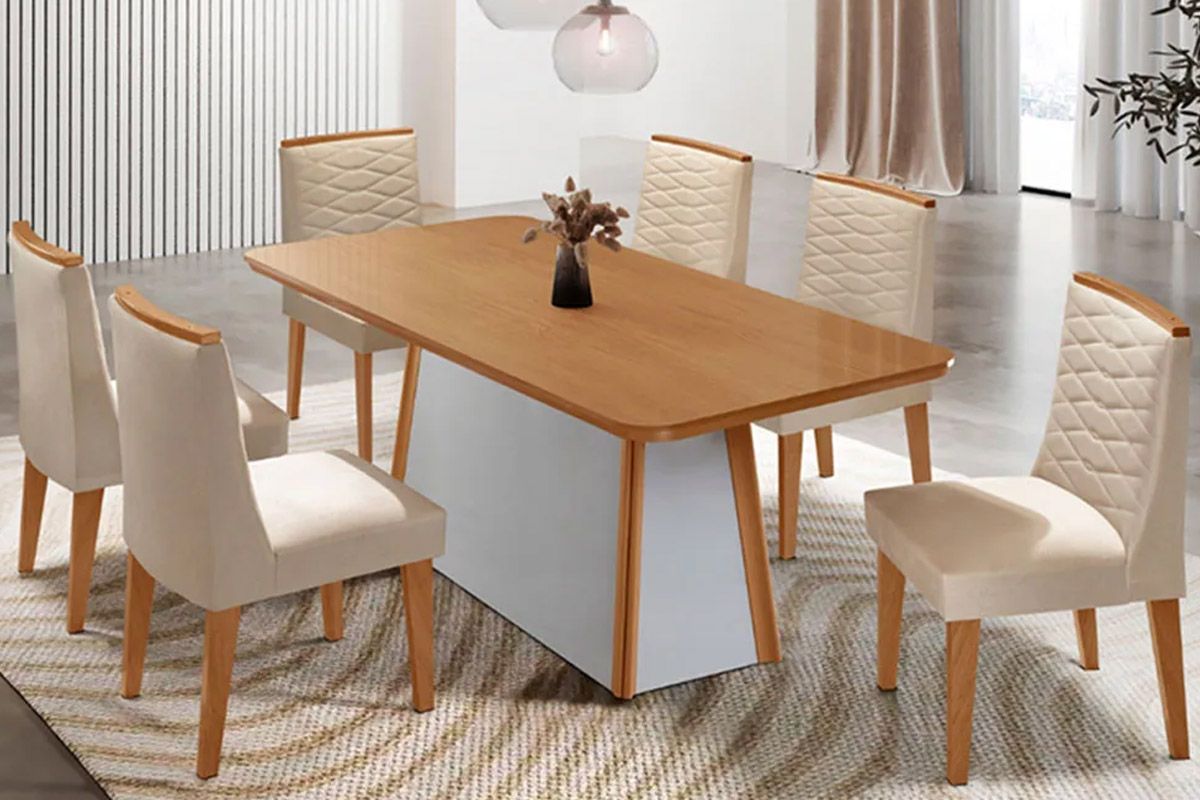 Sala de Jantar Completa Tilia c/ Tampo Madeirado Canto Curvo 180x90cm e 6 Cadeiras Maldivas Madeira Maciça - Rufato