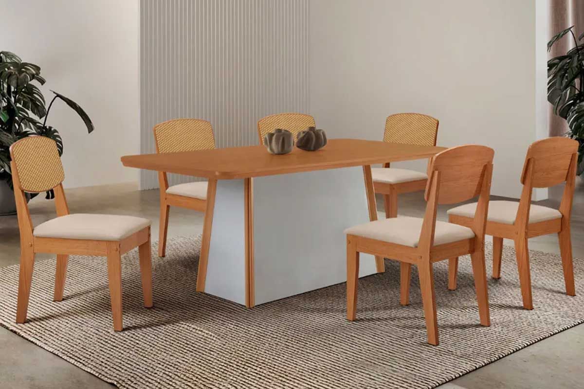 Sala de Jantar Completa Tilia c/ Tampo Madeirado Canto Curvo 180x90cm e 6 Cadeiras Havana Premium - Rufato