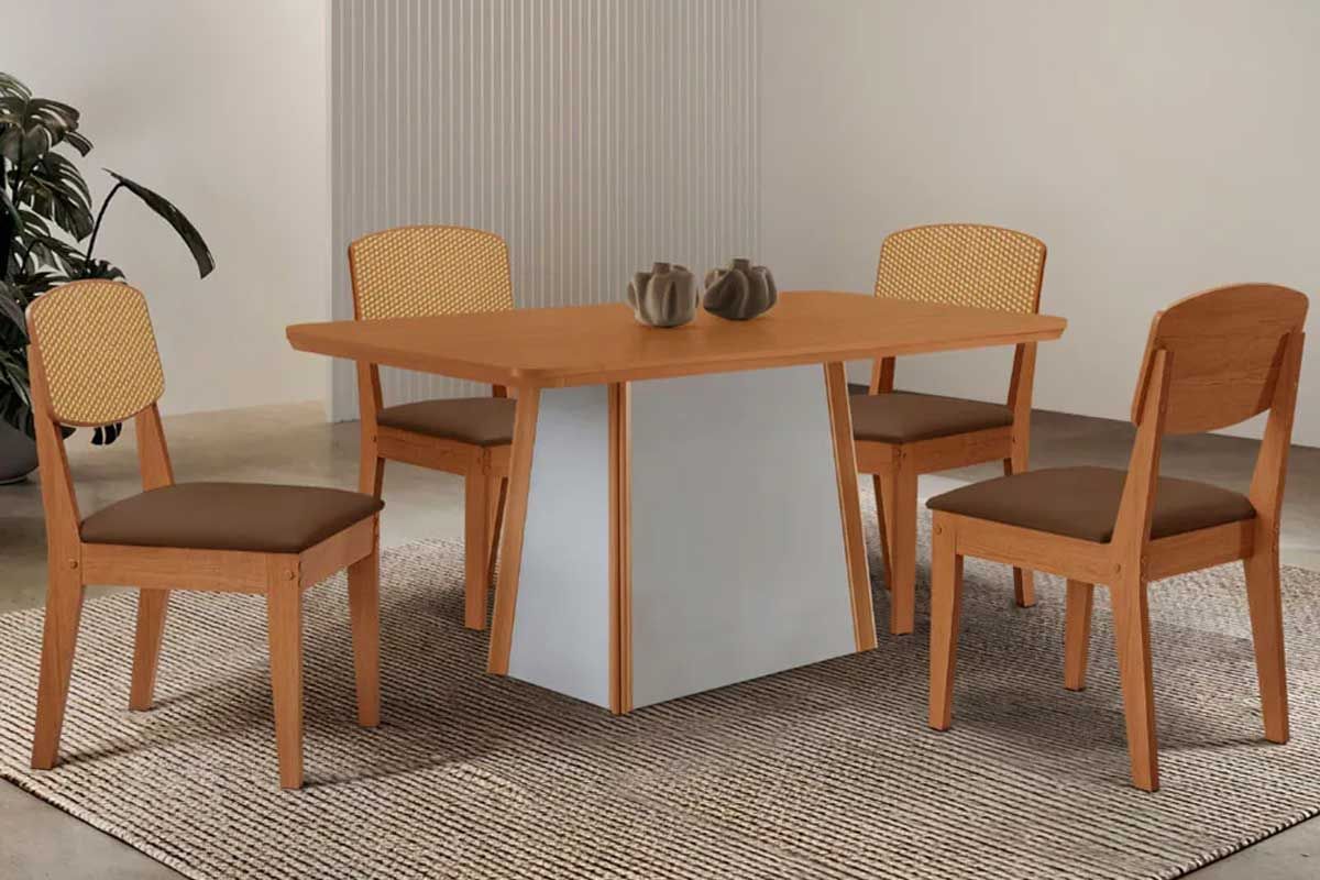 Sala de Jantar Completa Tilia c/ Tampo Madeirado Canto Curvo 120x80cm e 4 Cadeiras Havana Premium - Rufato