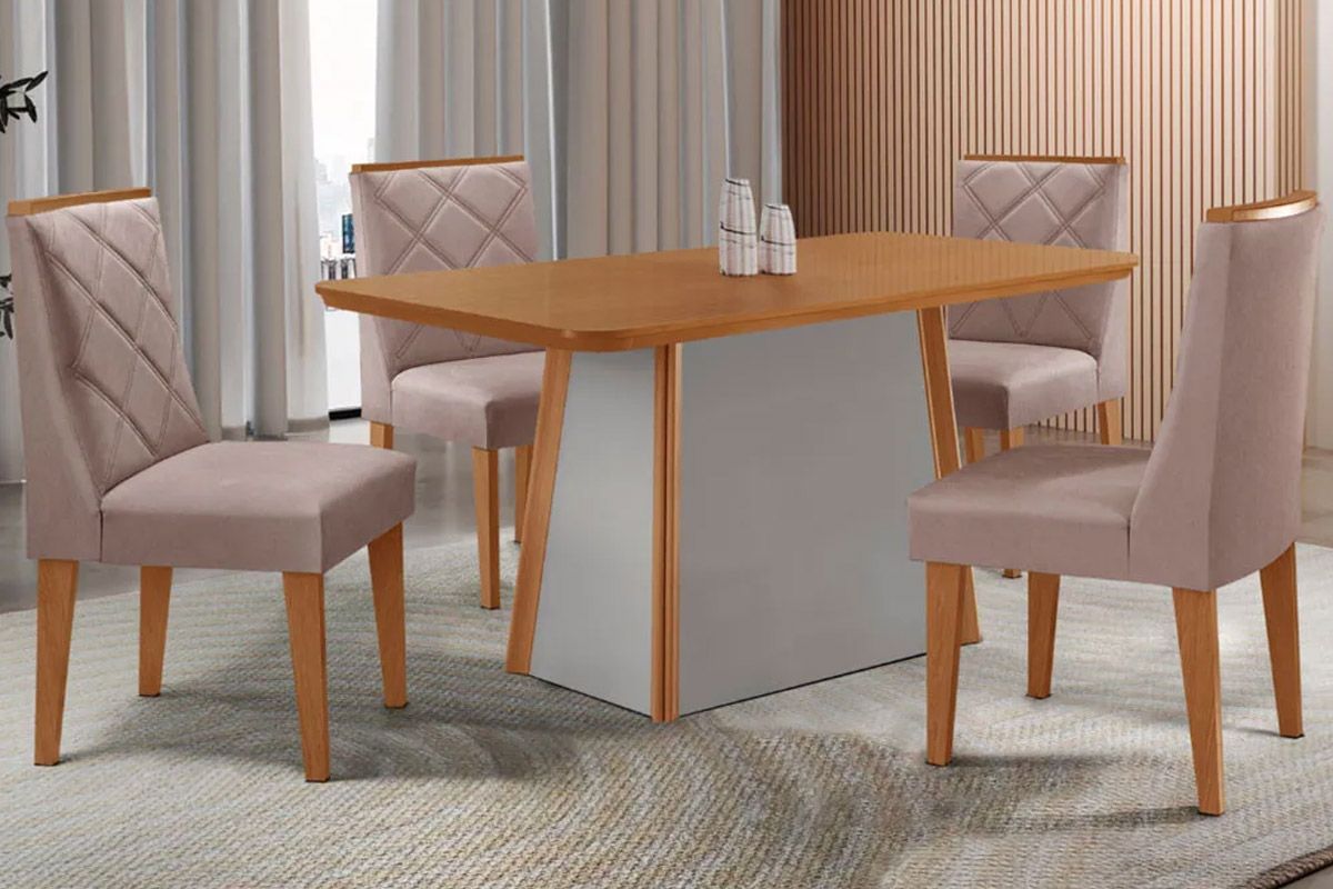 Sala de Jantar Completa Tilia c/ Tampo Madeirado Canto Curvo 120x80cm e 4 Cadeiras Pietá Madeira Maciça - Rufato