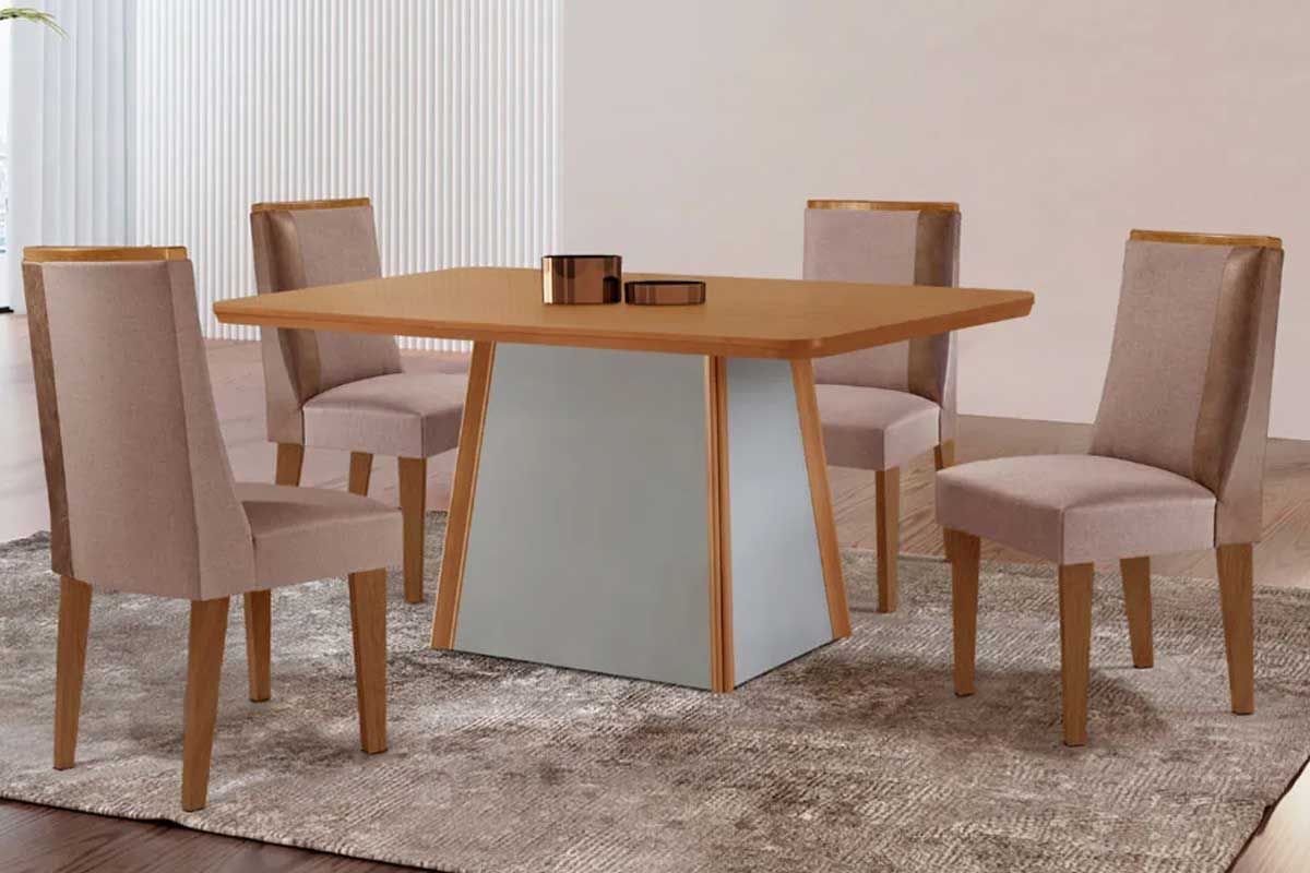 Sala de Jantar Completa Tilia c/ Tampo Madeirado Canto Curvo 120x80cm e 4 Cadeiras Tilia Madeira Maciça - Rufato