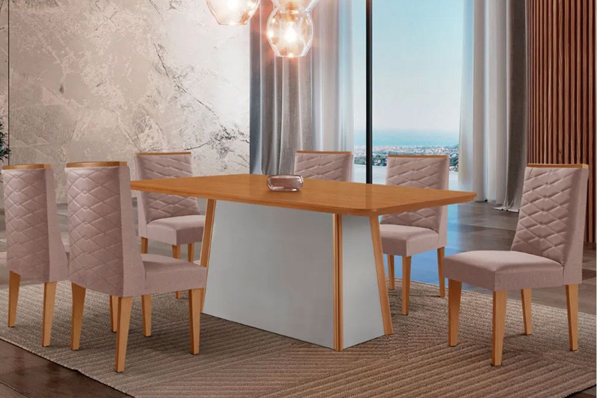 Sala de Jantar Completa Tilia c/ Tampo Madeirado Canto Curvo 180x90cm e 6 Cadeiras Dafne Madeira Maciça - Rufato