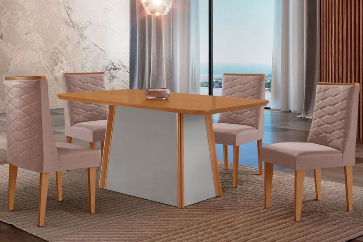 Sala de Jantar Completa Tilia c/ Tampo Madeirado Canto Curvo 120x80cm e 4 Cadeiras Dafne Madeira Maciça - Rufato