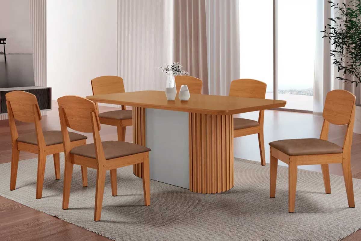 Sala de Jantar Completa Pilar c/ Tampo Madeirado Canto Curvo 180x90cm e 6 Cadeiras Havana - Rufato