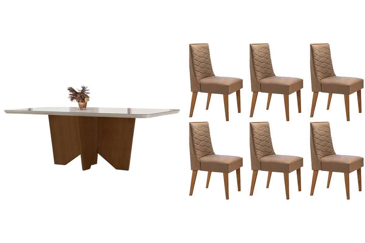 Sala de Jantar Completa Nevada c/ Tampo Madeirado c/ Vidro Canto Curvo 180x90cm e 6 Cadeiras Dafne Madeira Maciça - Rufato