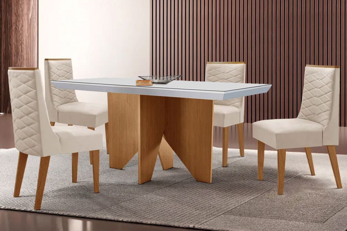 Sala Jantar Mesa Nevada Curvo 120cm + 4 Cadeiras Dafne Madeira - Rufato