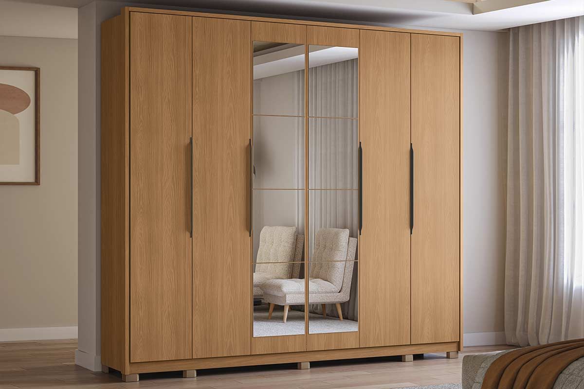 Guarda Roupa Casal 6 Portas (2 c/Espelho) e 4 Gavetas c/Pés CB01T581 Canela/Grafite Kappesberg