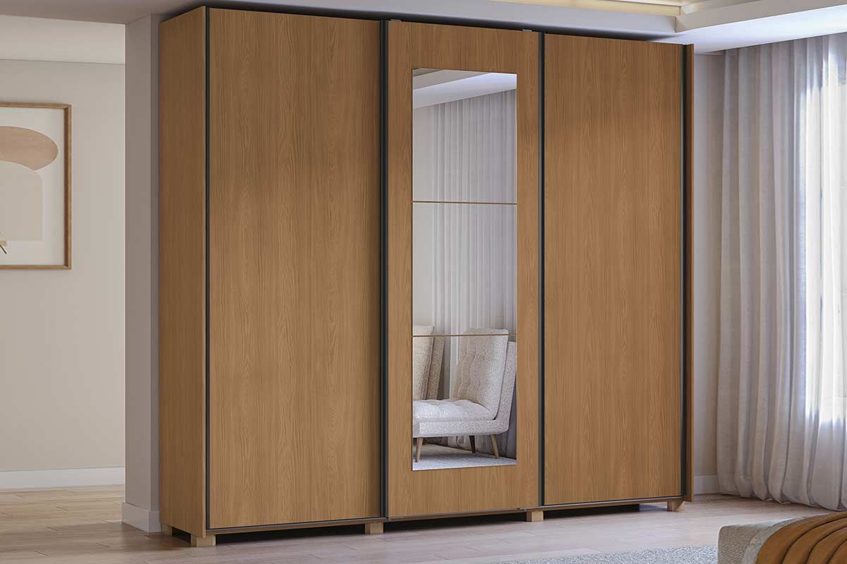 Guarda Roupa Casal 3 Portas de Correr (1 c/Espelho) e 4 Gavetas c/Pés CB01T582 Canela Kappesberg