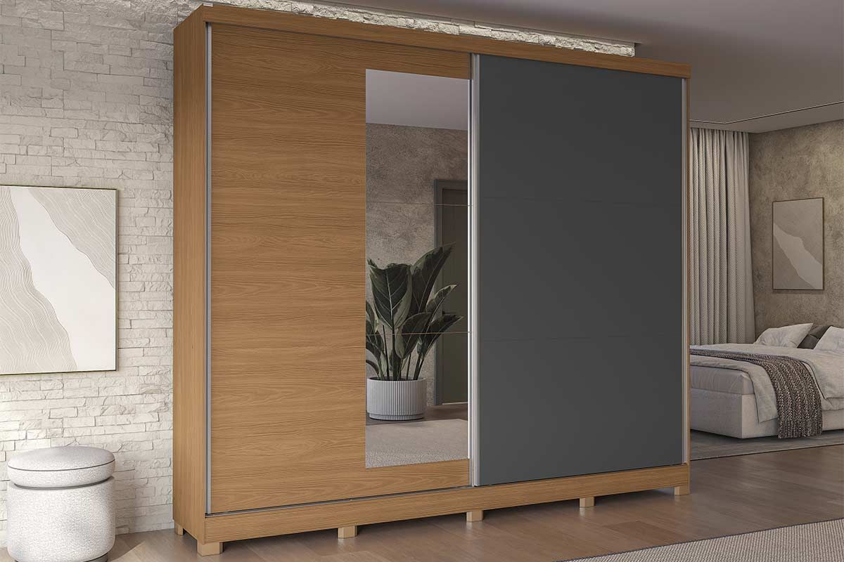 Guarda Roupa Casal 2 Portas de Correr (1 c/Espelho) e 4 Gavetas c/Pés CB01T583 Canela/Off White Kappesberg