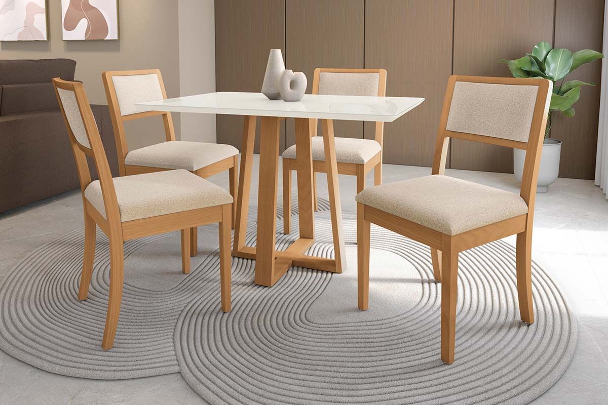 Sala Jantar Mesa Elma Premium Madeira Maciça c/ Tampo Madeirado c/ Vidro 120x80cm e 4 Cadeiras Alice - Kappesberg