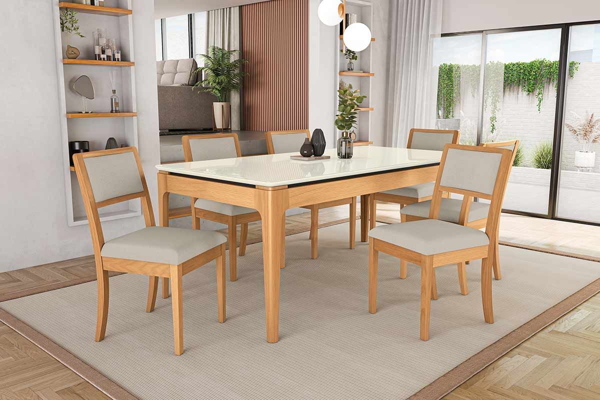 Sala Jantar Mesa Mira Premium Madeira Maciça c/ Tampo Madeirado c/ Vidro 200x100cm e 6 Cadeiras Alice - Kappesberg