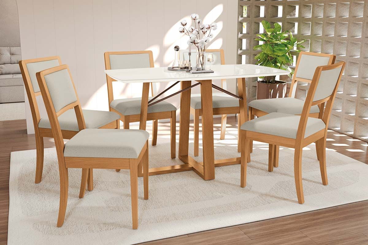 Sala Jantar Mesa Elma Premium Madeira Maciça c/ Tampo Madeirado c/ Vidro 170x90cm e 6 Cadeiras Alice - Kappesberg