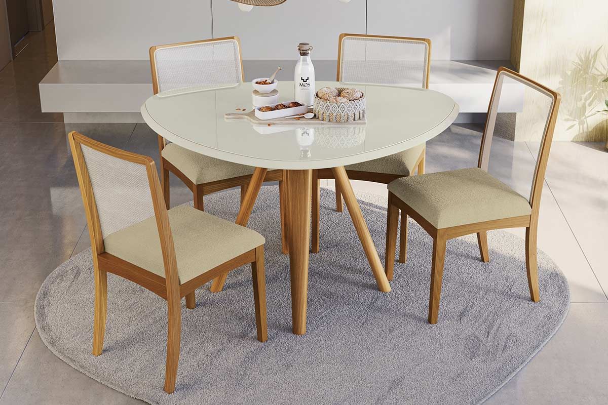 Sala Jantar Mesa Duna Premium Madeira Maciça c/ Tampo Madeirado c/ Vidro 135x105cm e 4 Cadeiras Lara - Kappesberg