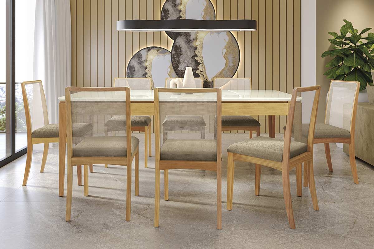 Sala Jantar Mesa Mira Premium Madeira Maciça c/ Tampo Madeirado c/ Vidro 200x100cm e 8 Cadeiras Lara - Kappesberg