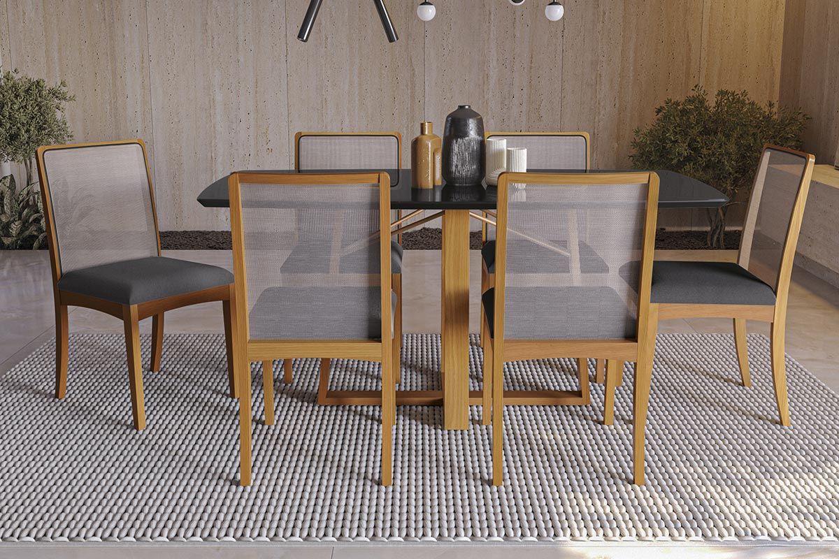 Sala Jantar Mesa Elma Premium Madeira Maciça c/ Tampo Madeirado c/ Vidro 170x90cm e 6 Cadeiras Lara - Kappesberg