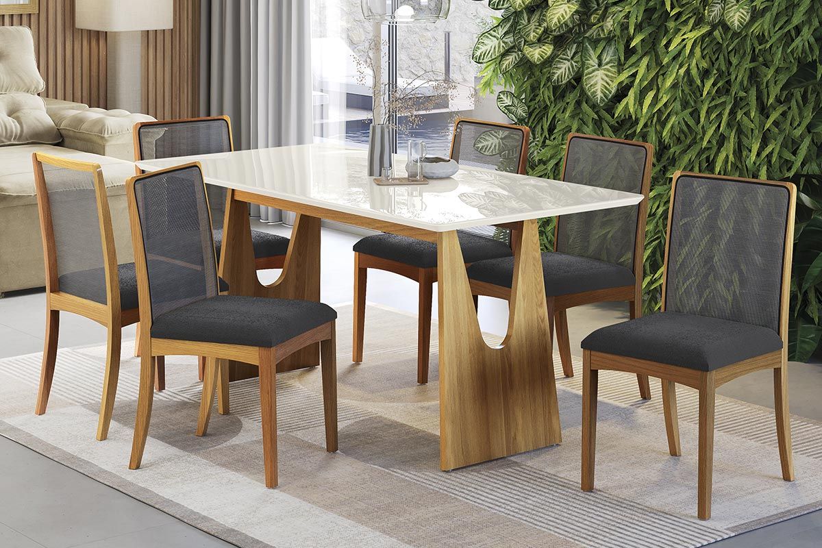 Sala Jantar Mesa Mila Premium Madeira Maciça c/ Tampo Madeirado c/ Vidro 180x90cm e 6 Cadeiras Lara - Kappesberg