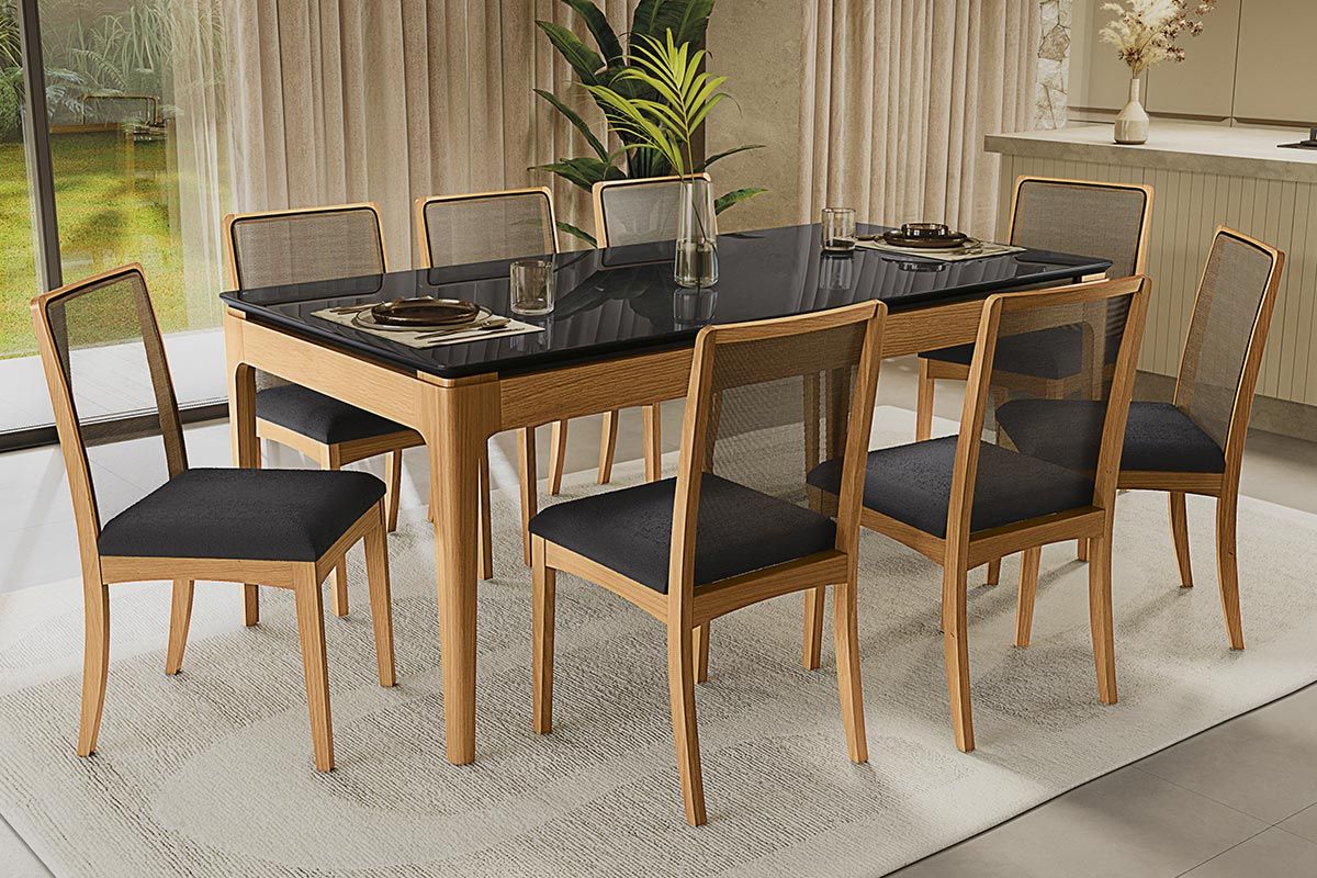 Sala Jantar Mesa Mira Premium Madeira Maciça c/ Tampo Madeirado c/ Vidro 200x100cm e 8 Cadeiras Lara - Kappesberg