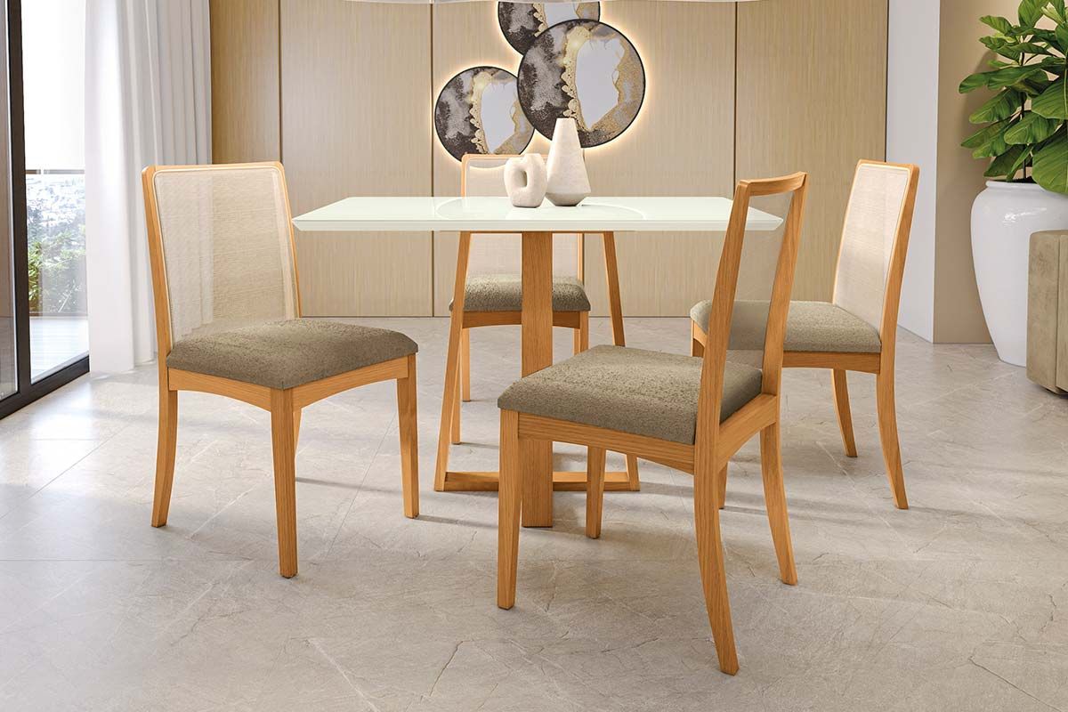 Sala Jantar Mesa Elma Premium Madeira Maciça c/ Tampo Madeirado c/ Vidro 120x80cm e 4 Cadeiras Lara - Kappesberg