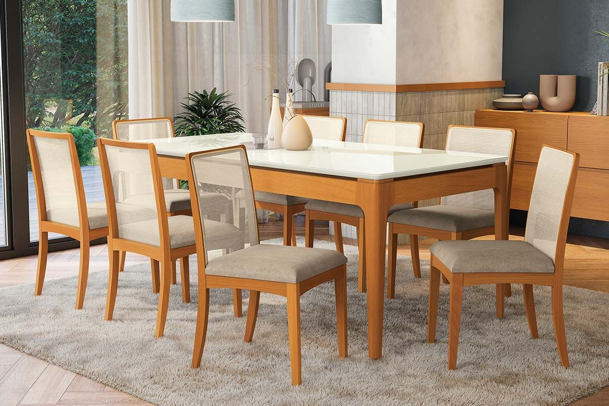 Sala Jantar Mesa Mira Premium Madeira Maciça c/ Tampo Madeirado c/ Vidro 200x100cm e 8 Cadeiras Lara - Kappesberg