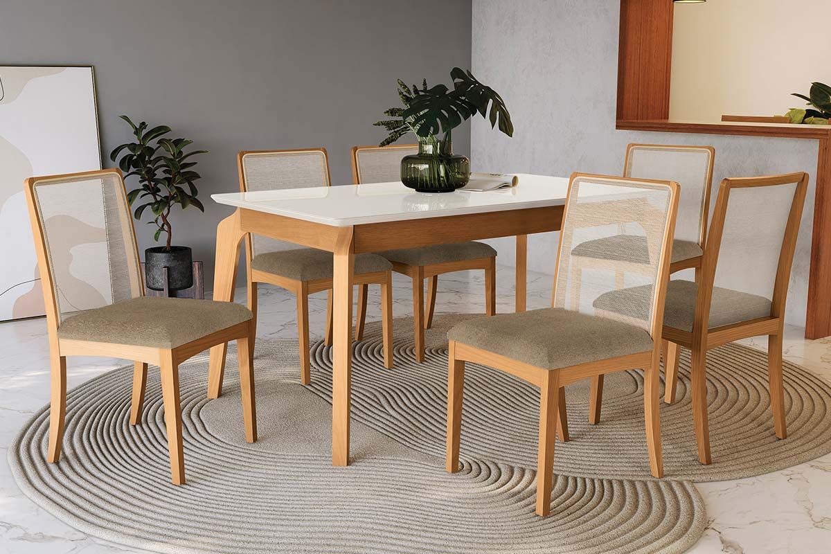 Sala Jantar Mesa Petra Premium Madeira Maciça c/ Tampo Madeirado c/ Vidro 160x90cm e 6 Cadeiras Lara - Kappesberg