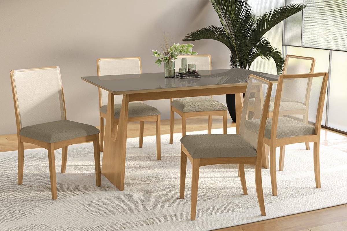 Sala Jantar Mesa Mila Premium Madeira Maciça c/ Tampo Madeirado c/ Vidro 160x90cm e 6 Cadeiras Lara - Kappesberg