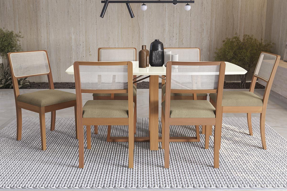 Sala Jantar Mesa Elma Premium Madeira Maciça c/ Tampo Madeirado c/ Vidro 170x90cm e 6 Cadeiras Lola - Kappesberg