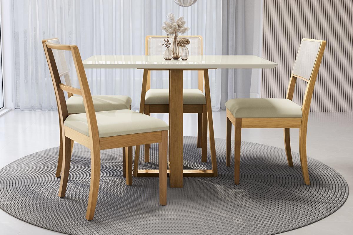 Sala Jantar Mesa Elma Premium Madeira Maciça c/ Tampo Madeirado c/ Vidro 120x80cm e 4 Cadeiras Lola - Kappesberg