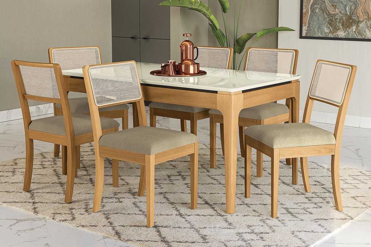Sala Jantar Mesa Mira Premium Madeira Maciça c/ Tampo Madeirado c/ Vidro 160x90cm e 6 Cadeiras Lola - Kappesberg