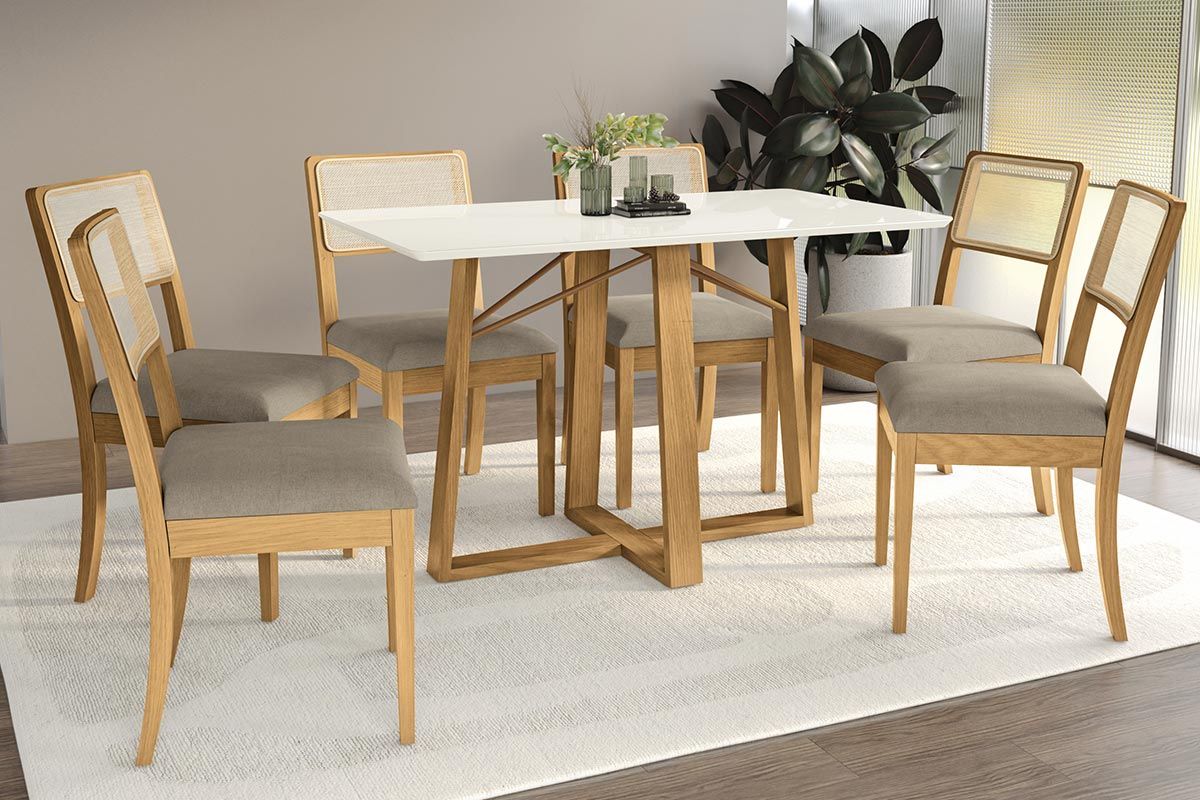 Sala Jantar Mesa Elma Premium Madeira Maciça c/ Tampo Madeirado c/ Vidro 160x90cm e 6 Cadeiras Lola - Kappesberg