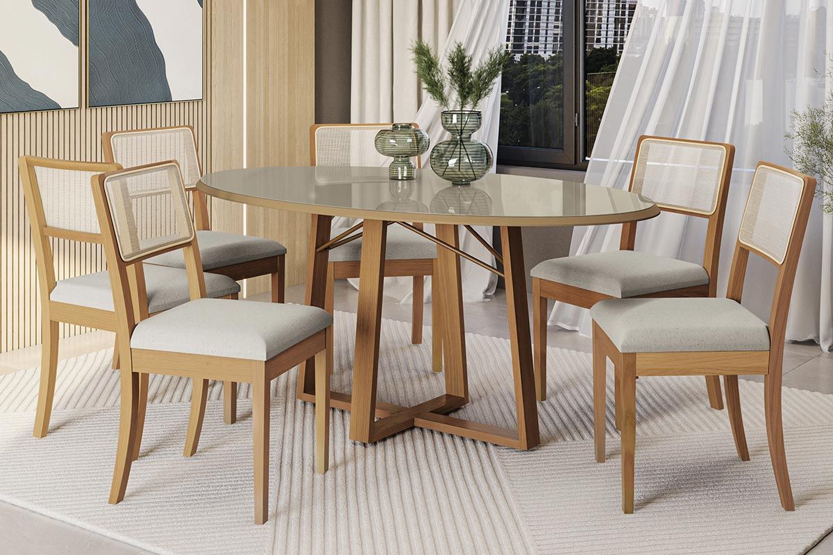 Sala Jantar Mesa Elma Premium Madeira Maciça c/ Tampo Madeirado c/ Vidro 180x105cm e 6 Cadeiras Lola - Kappesberg