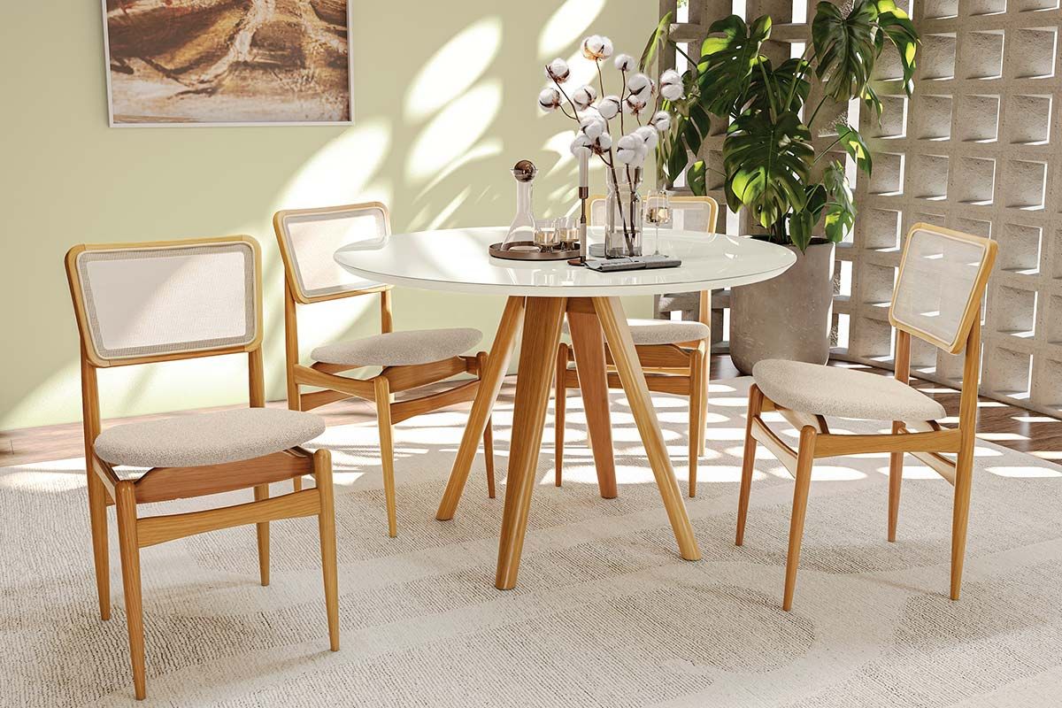 Sala Jantar Mesa Duna Premium Madeira Maciça c/ Tampo Madeirado c/ Vidro 120x120cm e 4 Cadeiras Stela - Kappesberg