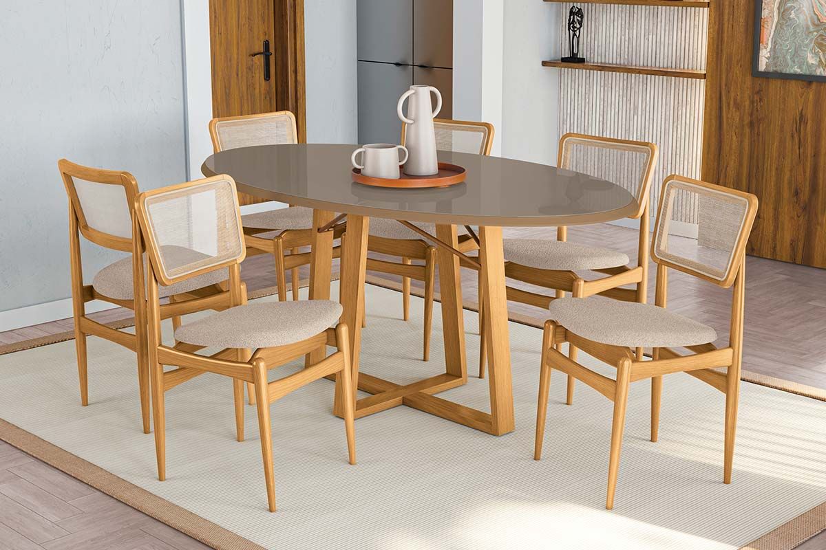Sala Jantar Mesa Elma Premium Madeira Maciça c/ Tampo Madeirado c/ Vidro 180x105cm e 6 Cadeiras Stela - Kappesberg