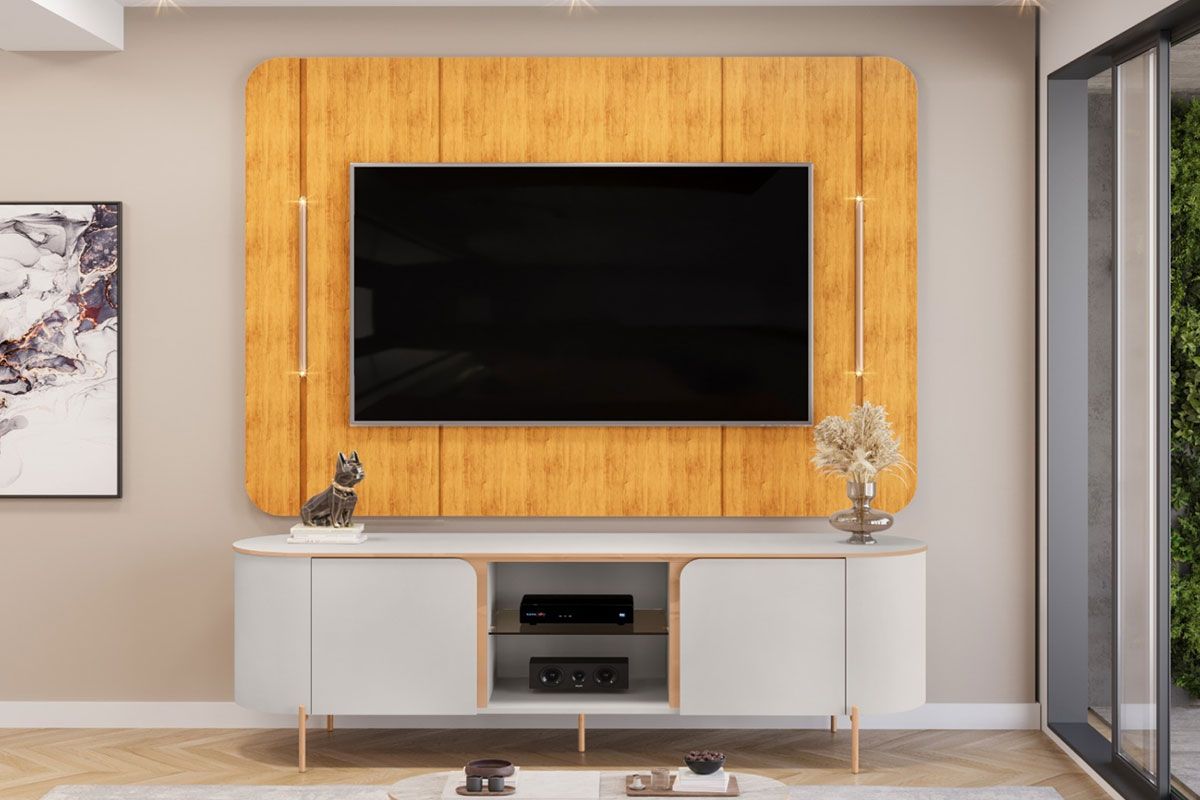 Rack Bancada c/ Painel p/ TV até 65 Pol Adele Led e Nichos 180x189cm - DJ Móveis