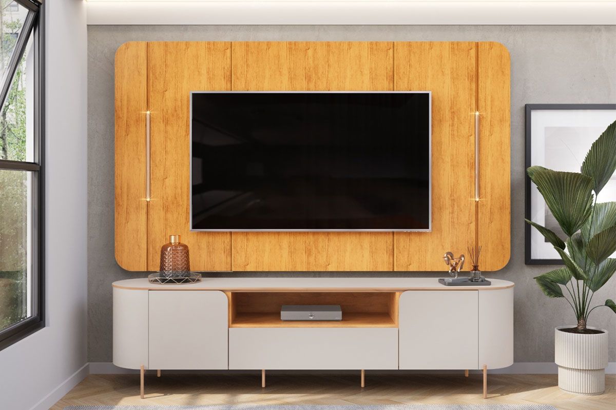 Rack Bancada c/ Painel p/ TV até 75 Pol Areta Led e Nicho 218x189cm - DJ Móveis