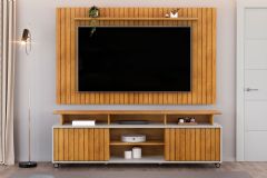 Rack Bancada c/ Painel p/ TV até 65 Pol Lume/Olimpic Ripado Prateleira e Nichos 180x168cm - DJ Móveis