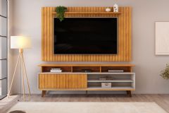 Rack Bancada c/ Painel p/ TV até 65 Pol Lume/Flow Ripado Porta e Nichos 180x168cm - DJ Móveis