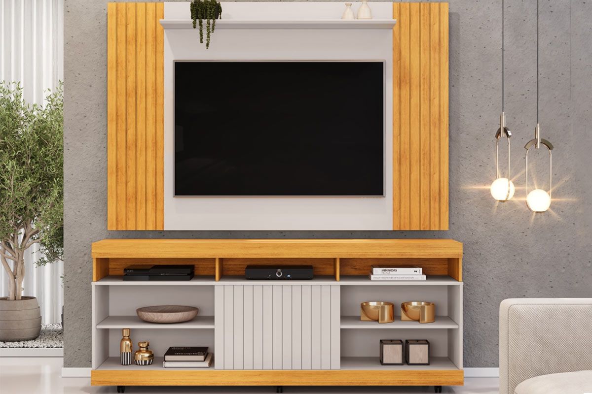 Rack Bancada c/ Painel p/ TV até 60 Pol Trend/Dili Ripado Porta e Nichos 160x175,7cm - DJ Móveis