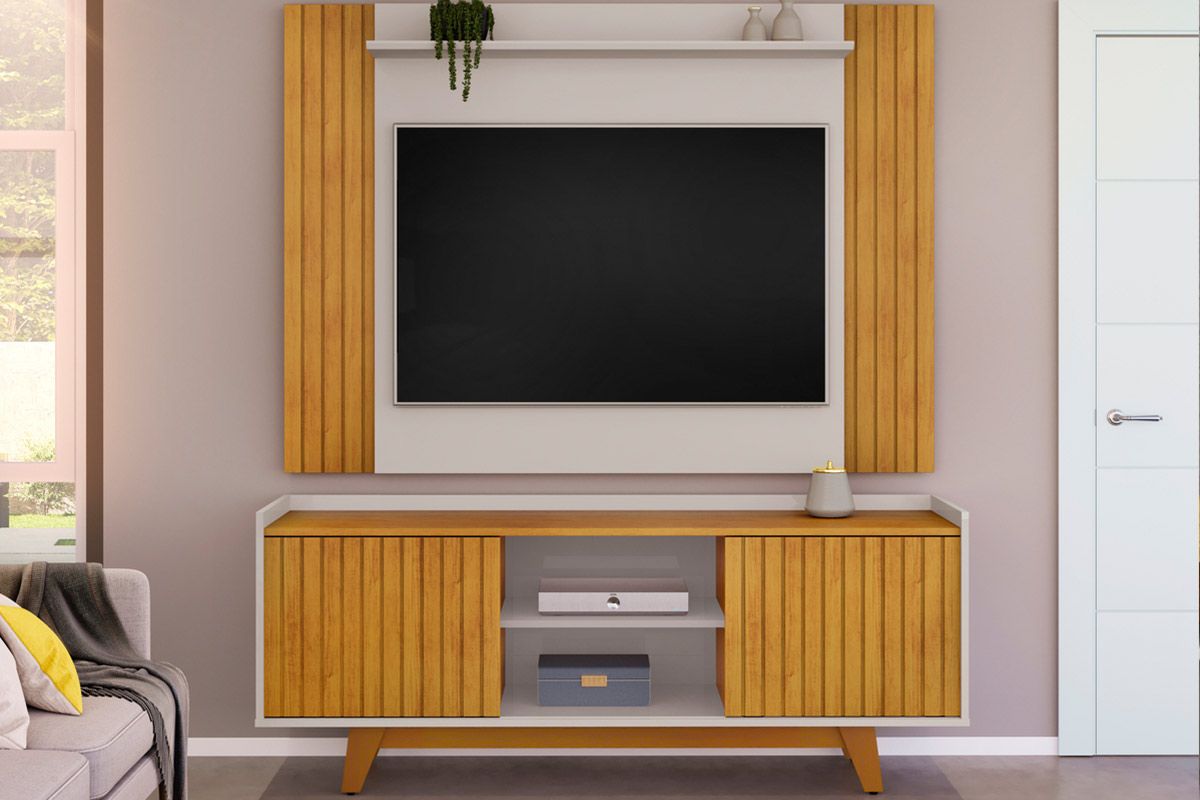 Rack Bancada c/ Painel p/ TV até 55 Pol Trend/Flat Ripado Portas e Nichos 150x168cm - DJ Móveis