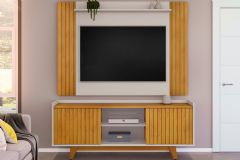 Rack Bancada c/ Painel p/ TV até 55 Pol Trend/Flat Ripado Portas e Nichos 150x168cm - DJ Móveis