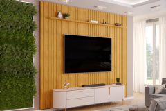 Rack Bancada c/ Painel p/ TV até 80 Pol Pratic / Celine Ripado Portas e Gavetas 275x240cm - DJ Móveis
