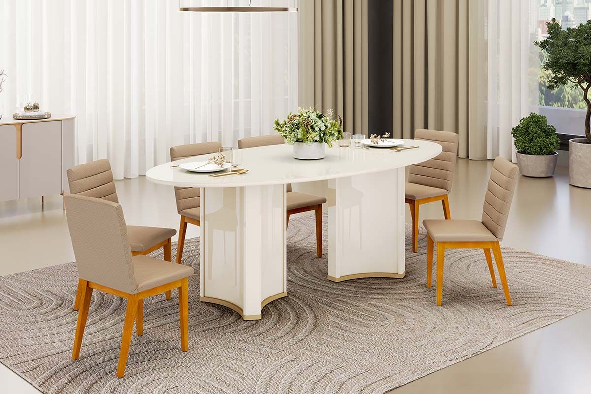 Sala de Jantar Completa Liz c/ Tampo Madeirado c/ Vidro Oval 218x108cm e 6 Cadeiras Sofia - DJ Móveis