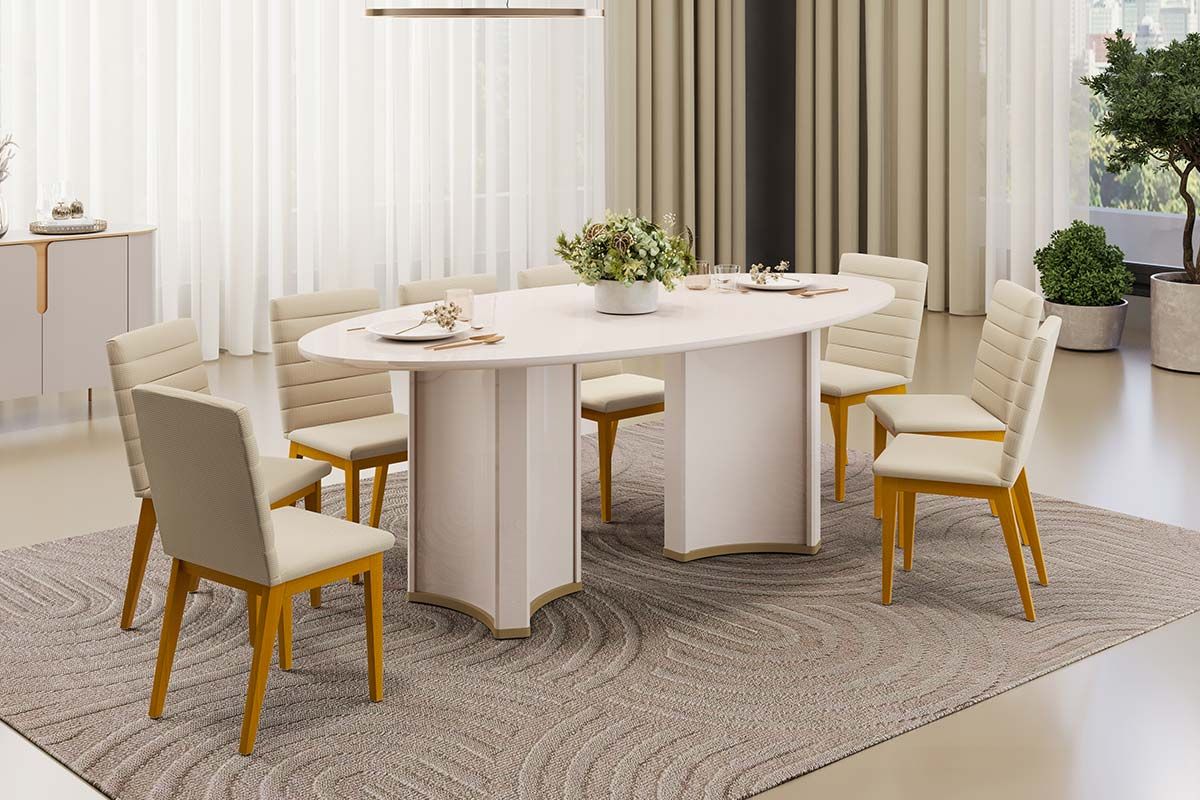 Sala de Jantar Completa Liz c/ Tampo Madeirado c/ Vidro Oval 218x108cm e 8 Cadeiras Sofia - DJ Móveis