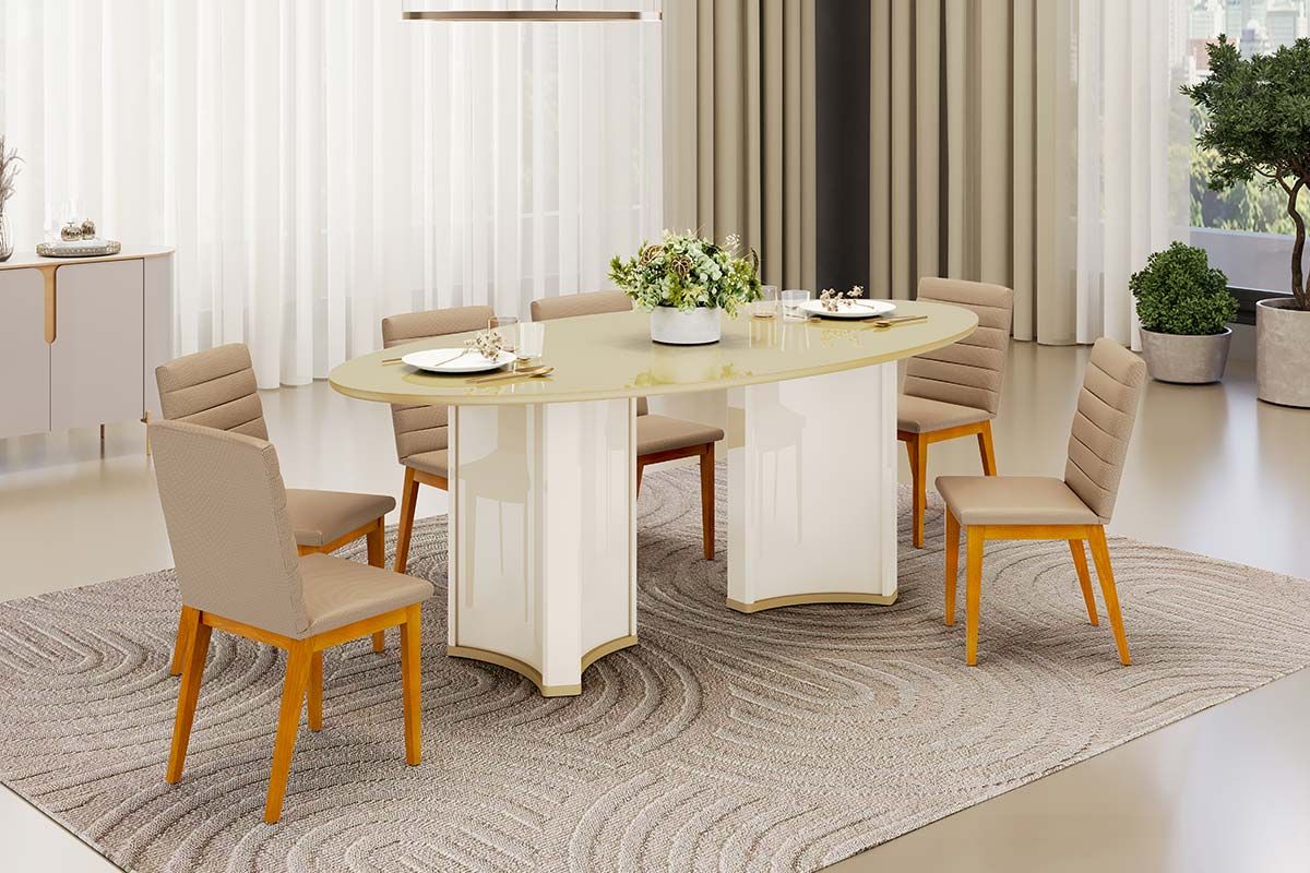 Sala de Jantar Completa Liz c/ Tampo Madeirado c/ Vidro Oval 218x108cm e 6 Cadeiras Sofia - DJ Móveis