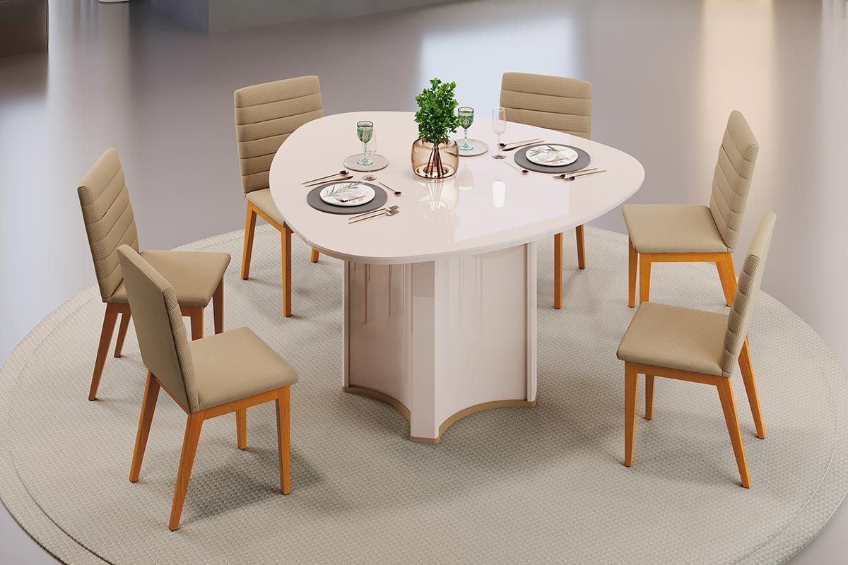 Sala de Jantar Completa Chanel c/ Tampo Madeirado c/ Vidro Orgânico 136x136cm e 6 Cadeiras Sofia - DJ Móveis