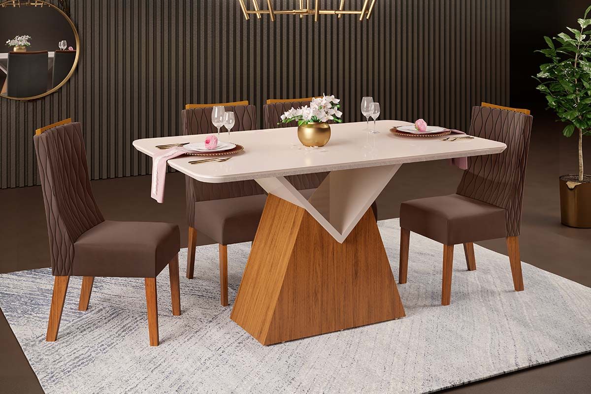 Sala de Jantar Completa Argo c/ Tampo Madeirado c/ Vidro Curvo 136x90cm e 4 Cadeiras Jade - DJ Móveis
