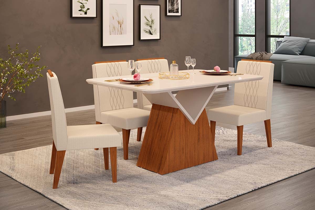 Sala de Jantar Completa Argo c/ Tampo Madeirado c/ Vidro Curvo 136x90cm e 4 Cadeiras Lia - DJ Móveis