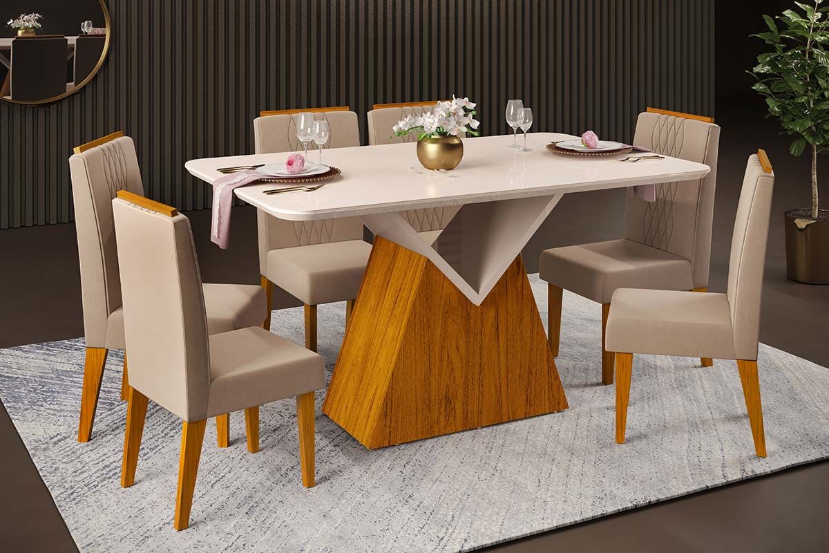 Sala de Jantar Completa Argo c/ Tampo Madeirado c/ Vidro Curvo 136x90cm e 6 Cadeiras Lia - DJ Móveis