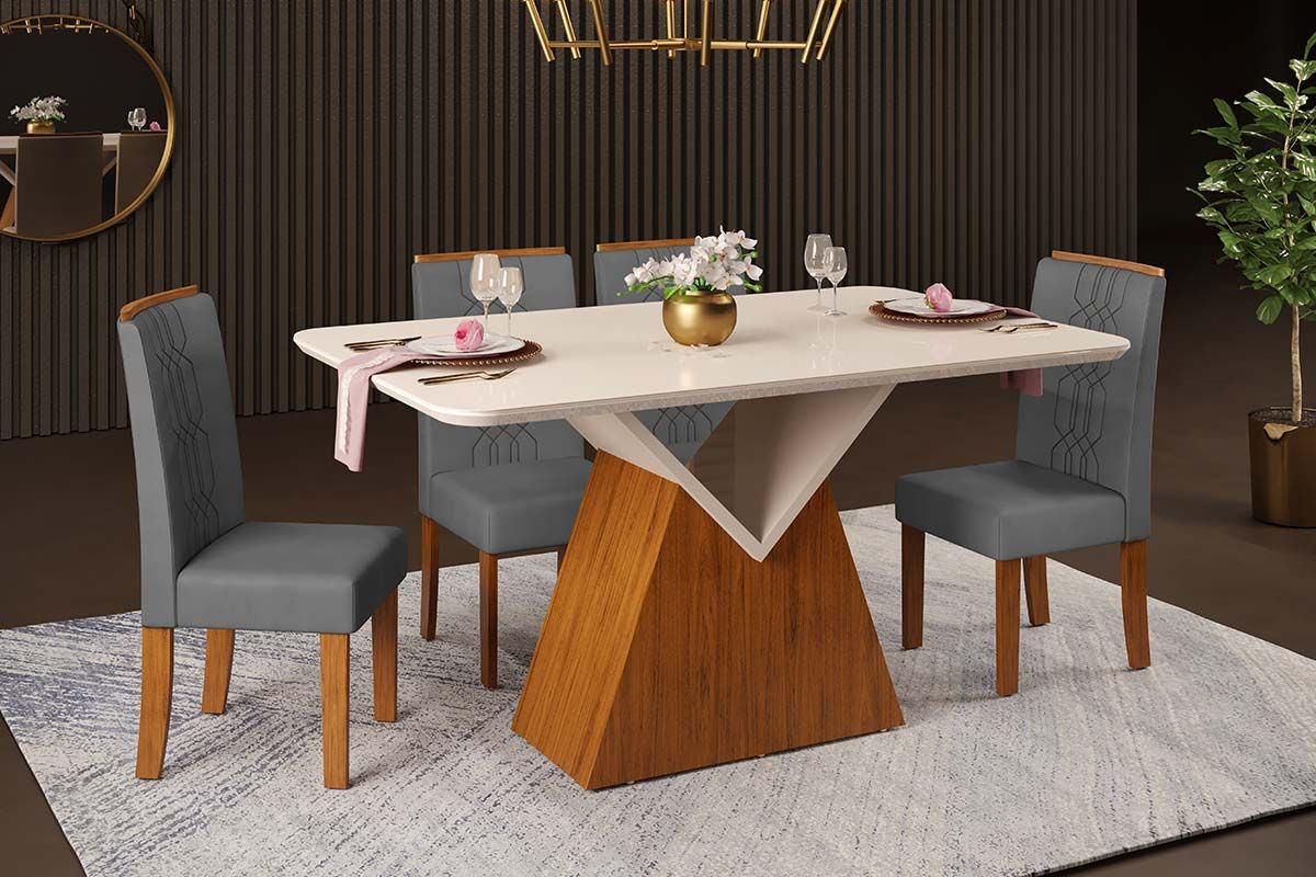 Sala de Jantar Completa Argo c/ Tampo Madeirado c/ Vidro Curvo 136x90cm e 4 Cadeiras Zoe - DJ Móveis