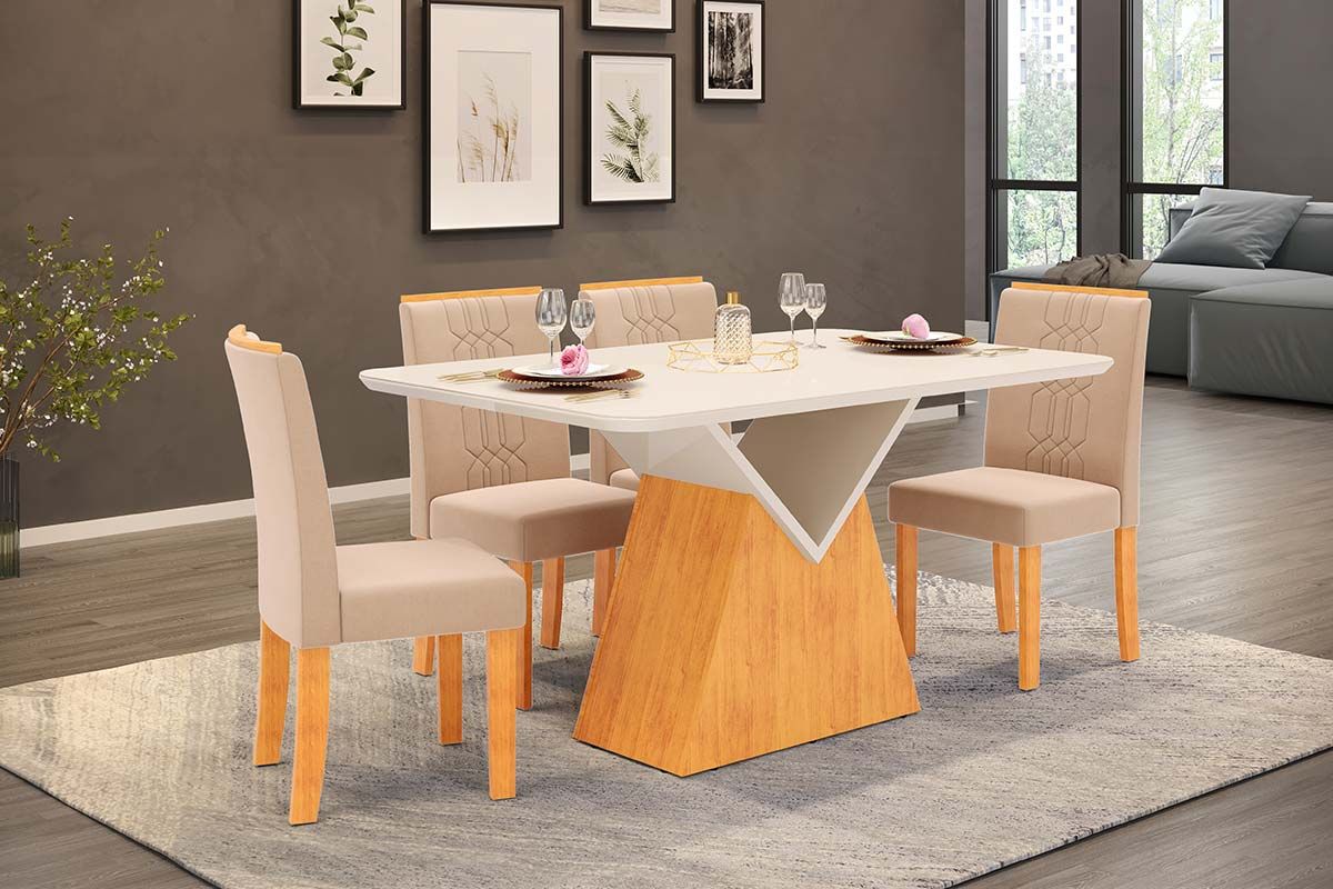 Sala de Jantar Completa Argo c/ Tampo Madeirado c/ Vidro Curvo 136x90cm e 4 Cadeiras Zoe - DJ Móveis